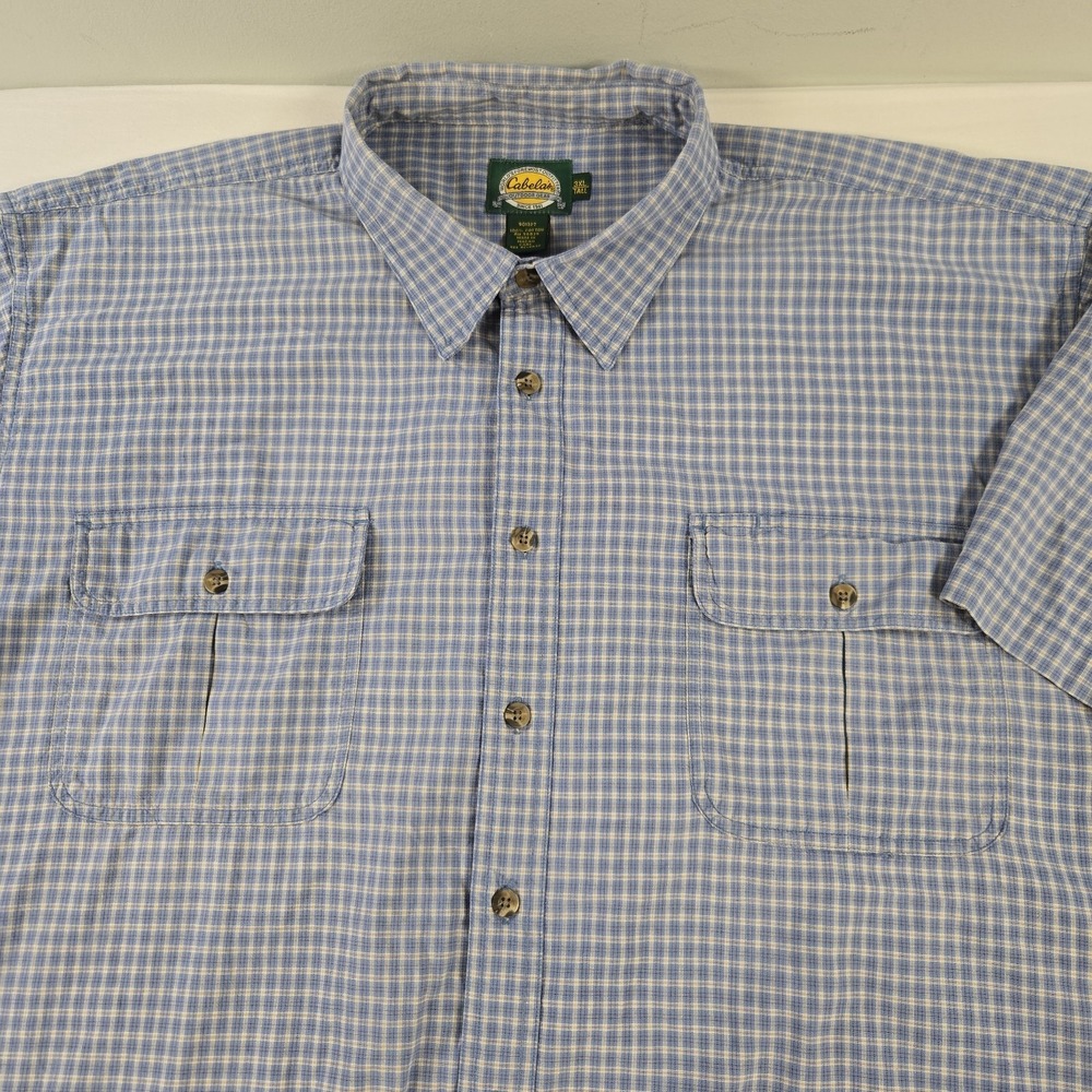 Cabelas Mens Button Up Short Sleeve Shirt Size 3XLT Blue Plaid Outdoors Fishing